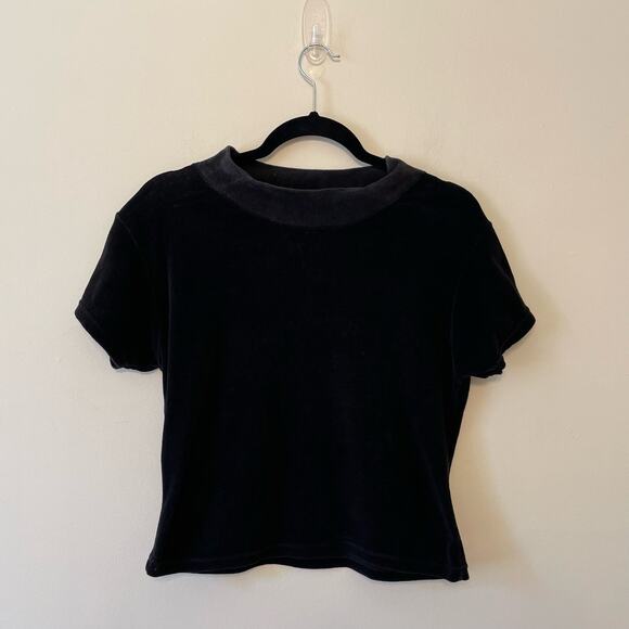 Vintage Derotchild L black velvet short sleeve turtleneck blouse basic simple - Picture 1 of 7